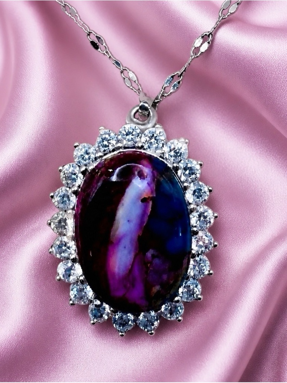 Huge Mohave Oyster Turquoise Cabachon gemstone and White Topaz Pendant Necklace